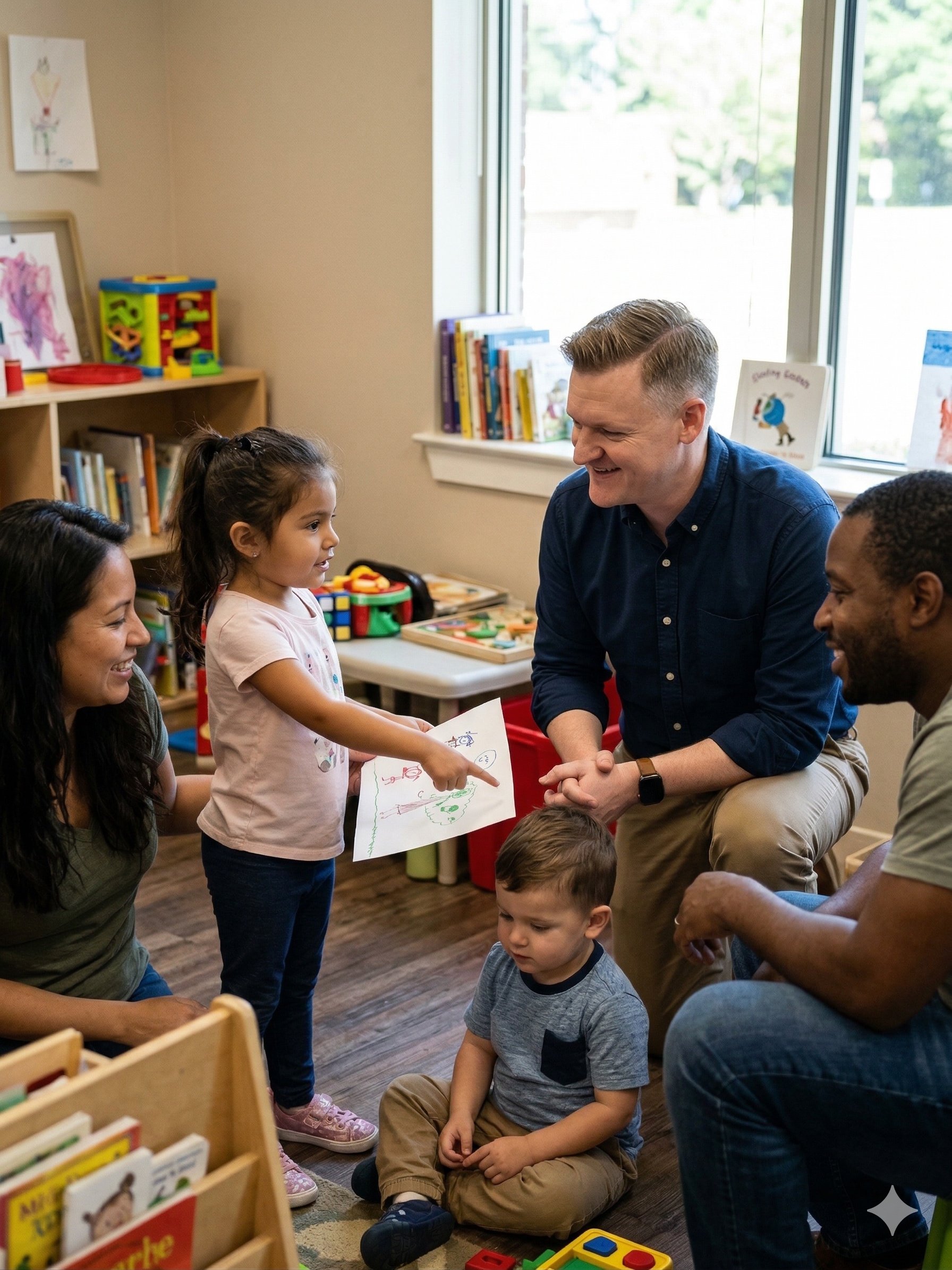 Tim Dorr visiting a childcare facility and interacting with a child and parents